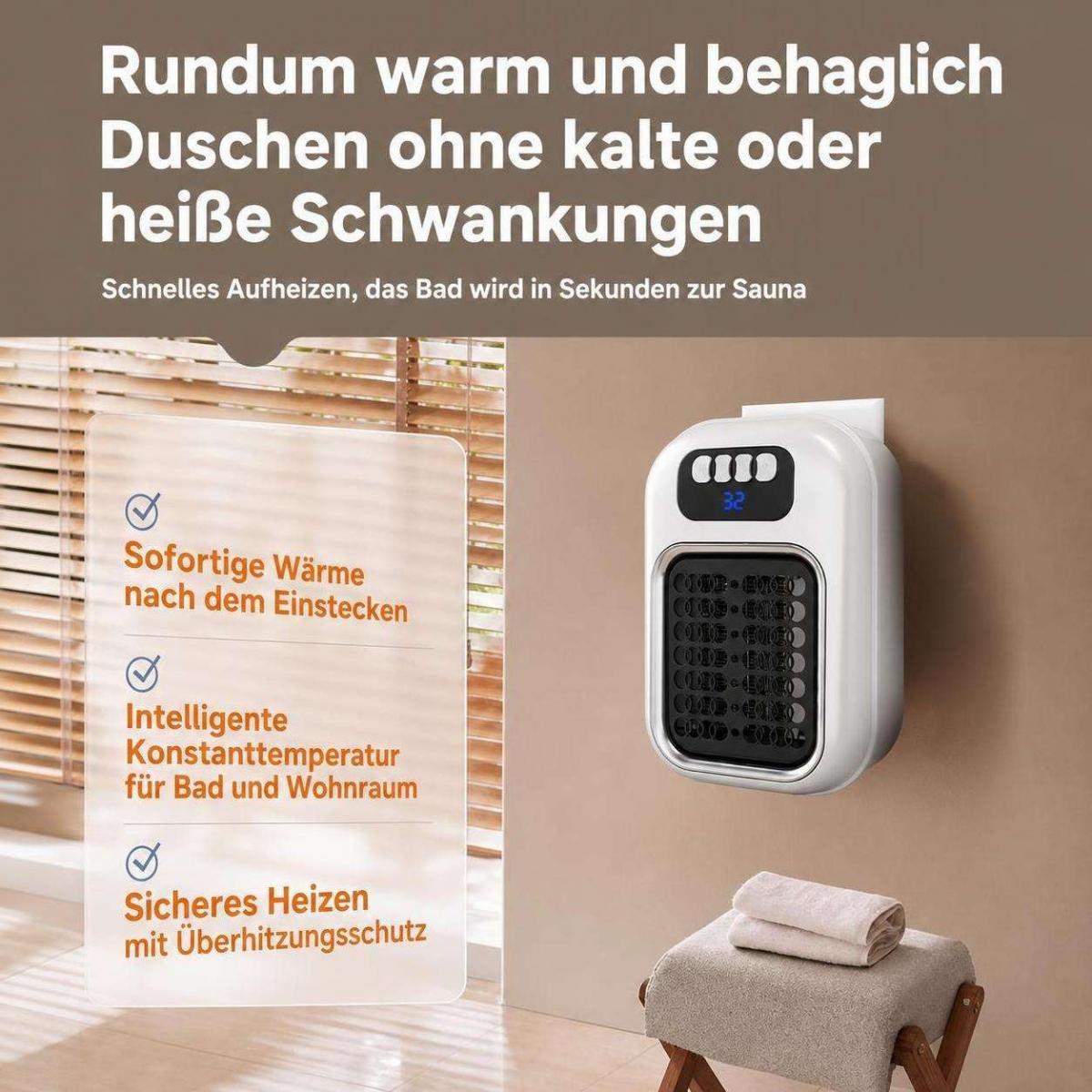 Werbebild für einen weißen Heizlüfter an einer Wand im Badezimmer mit deutscher Produktbeschreibung.