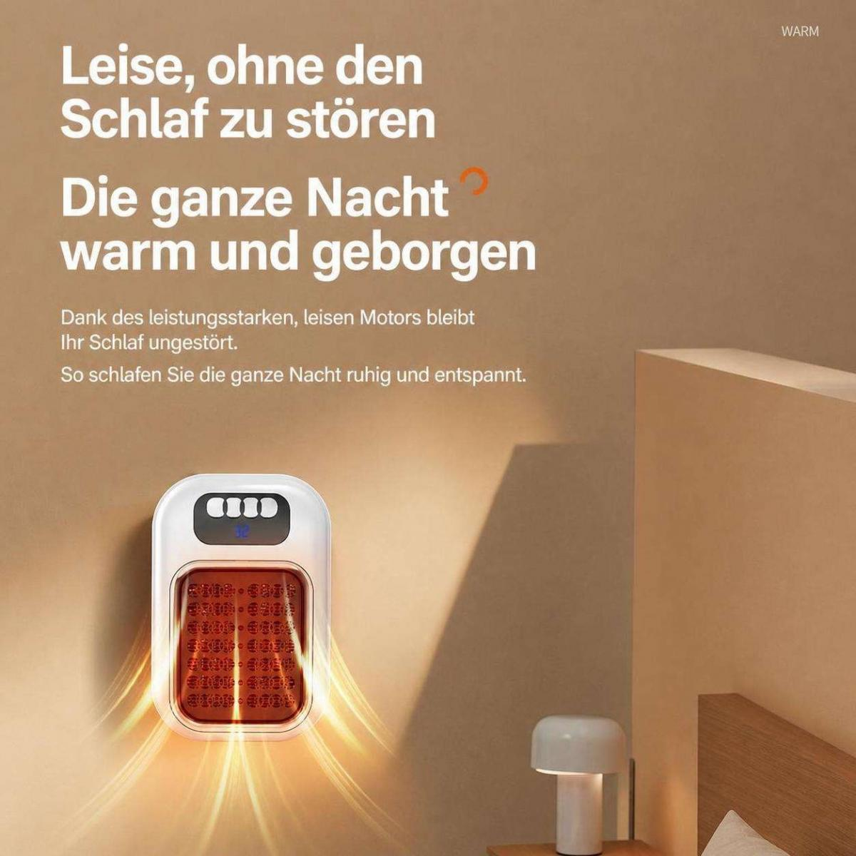 Kleiner weißer Heizlüfter an der Wand mit Germanischen Werbetexten darüber.
