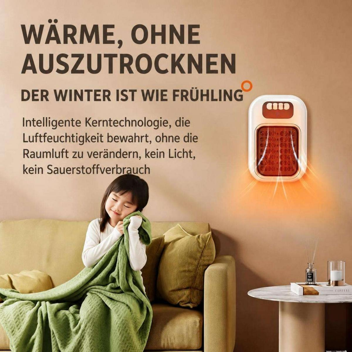 Ein junges Mädchen mit einer grünen Decke auf einem Sofa neben einer Wandheizung und deutschem Text.