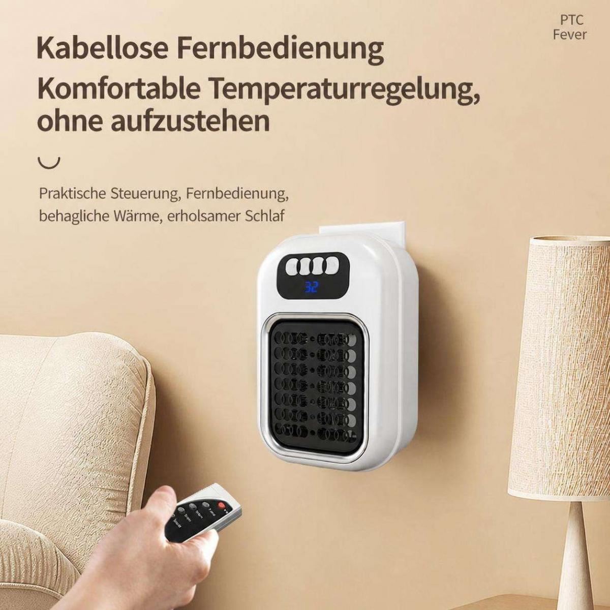 Wandheizlüfter mit Fernbedienung und digitalem Display im Raum.