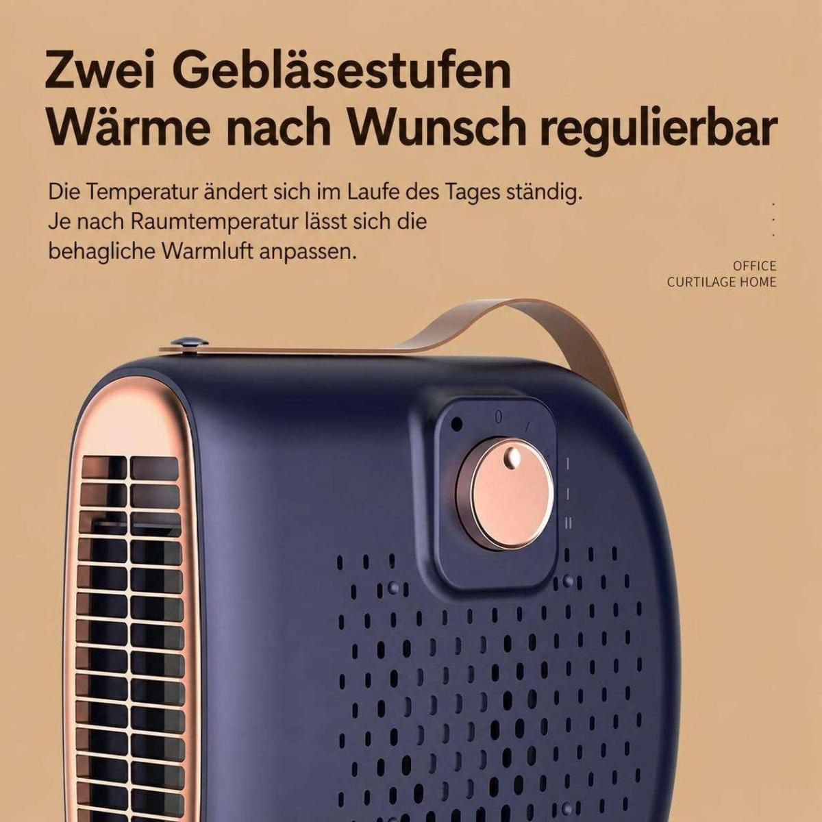 Blauer Heizlüfter mit roséfarbenen Akzenten und Regler, Text darüber auf Deutsch.