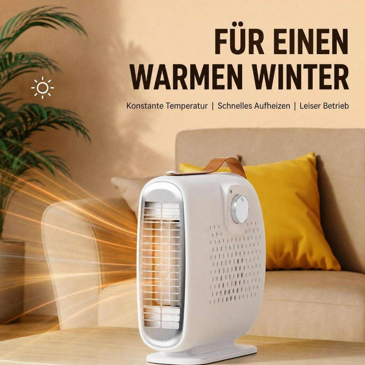 Ein weißer Heizlüfter auf einem Tisch vor einem Sofa mit gelben Kissen, mit Text im Hintergrund.