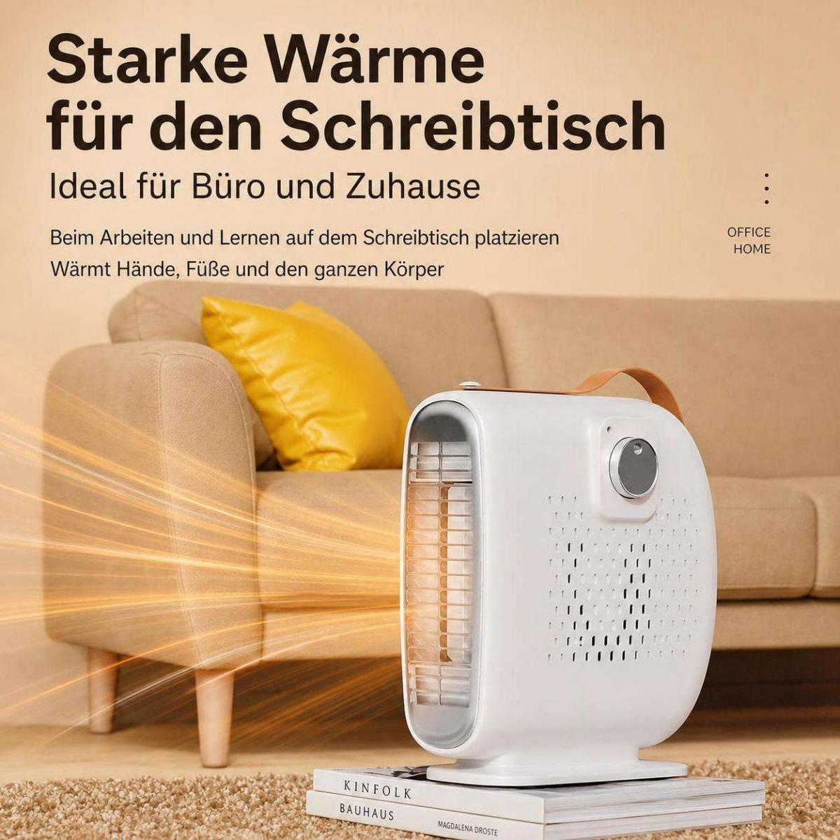 Ein weißer Heizlüfter steht auf Büchern vor einem beige Sofa mit Textoverlay.