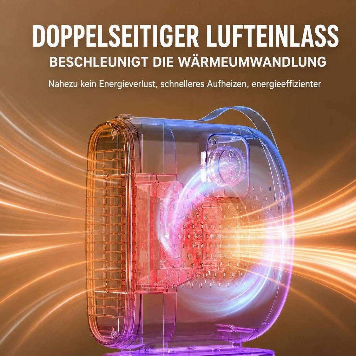 Ein transparenter Heizlüfter mit rotem Innenlicht und umgebenden Luftstromlinien vor braunem Hintergrund.