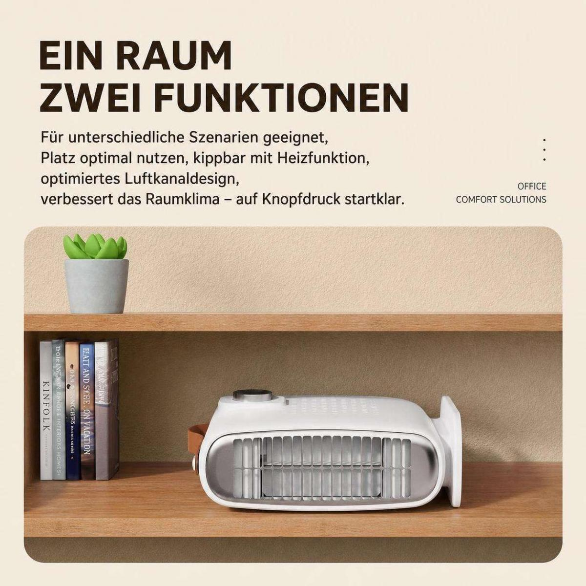 Ein weißes Raumklimagerät steht auf einem Holzbord neben vertikalen Büchern und einer kleinen grünen Pflanze.
