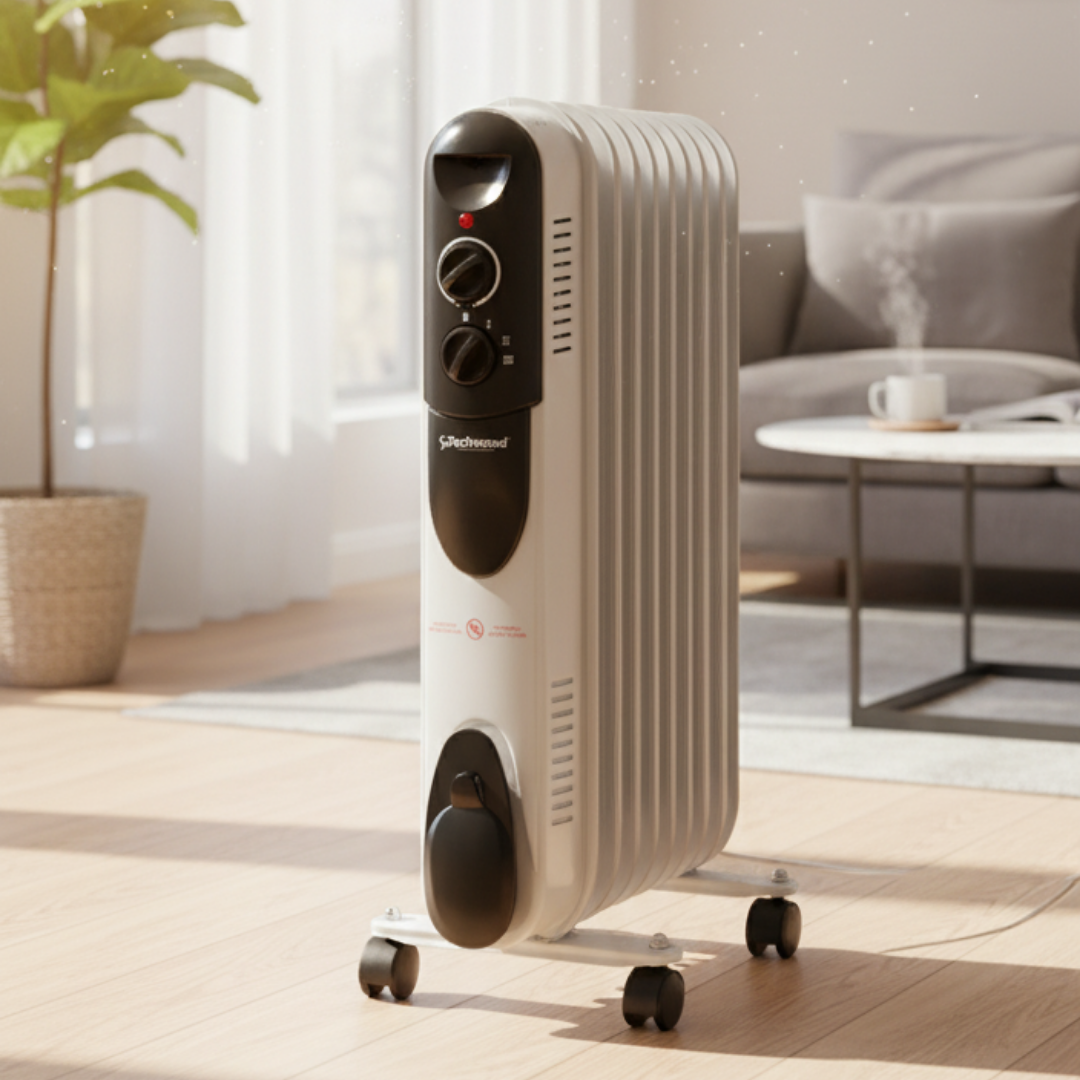 Ein weißer Ölradiator auf Rollen steht auf einem Holzboden in einem hellen Wohnzimmer.