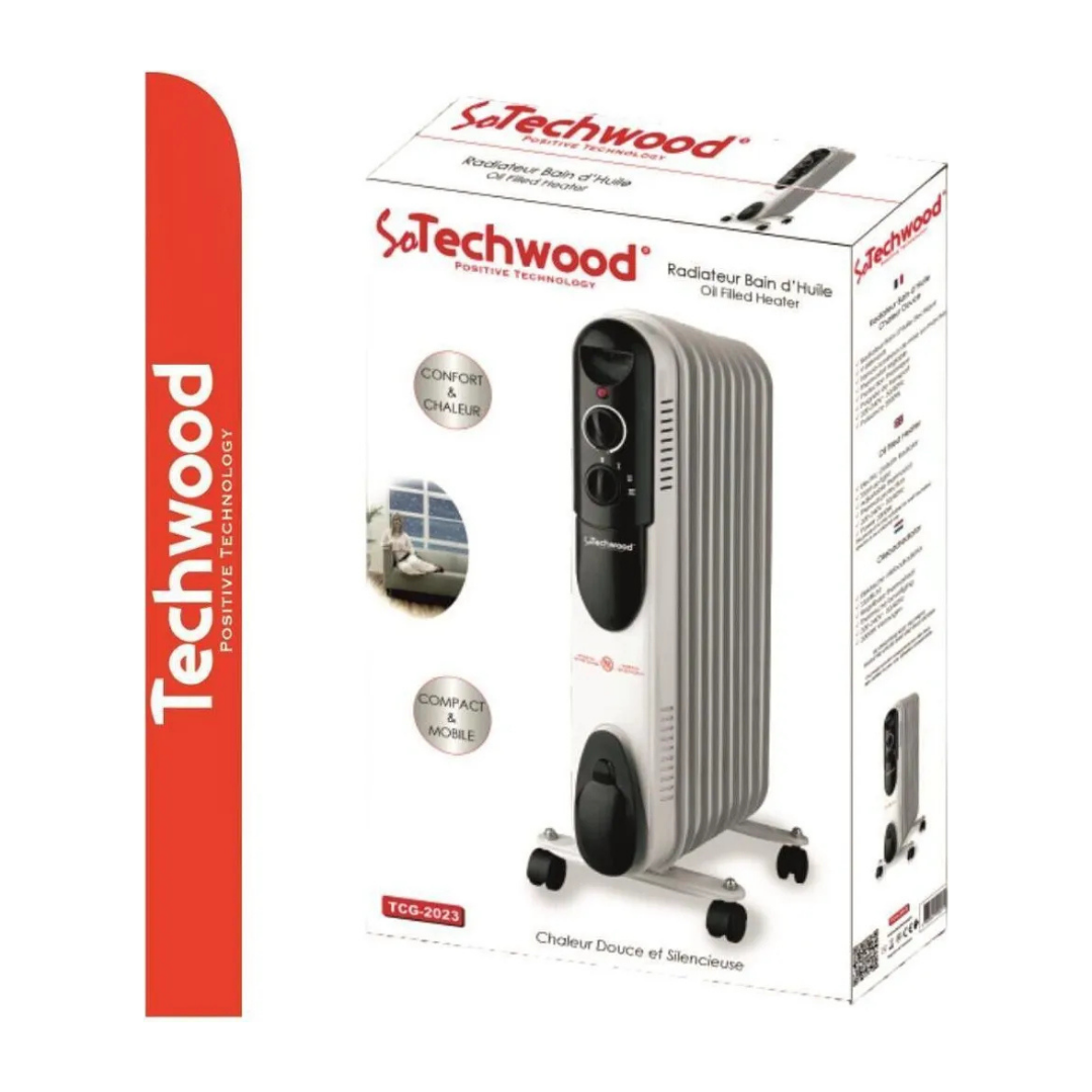 Techwood Ölradiator-Verpackung mit weißem Rippenheizkörper, Rollen und Bedienelementen an der Vorderseite.