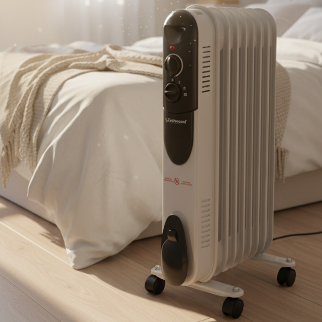 Ein weißer, mobiler Ölradiator steht auf einem Holzfußboden vor einem gemachten Bett.