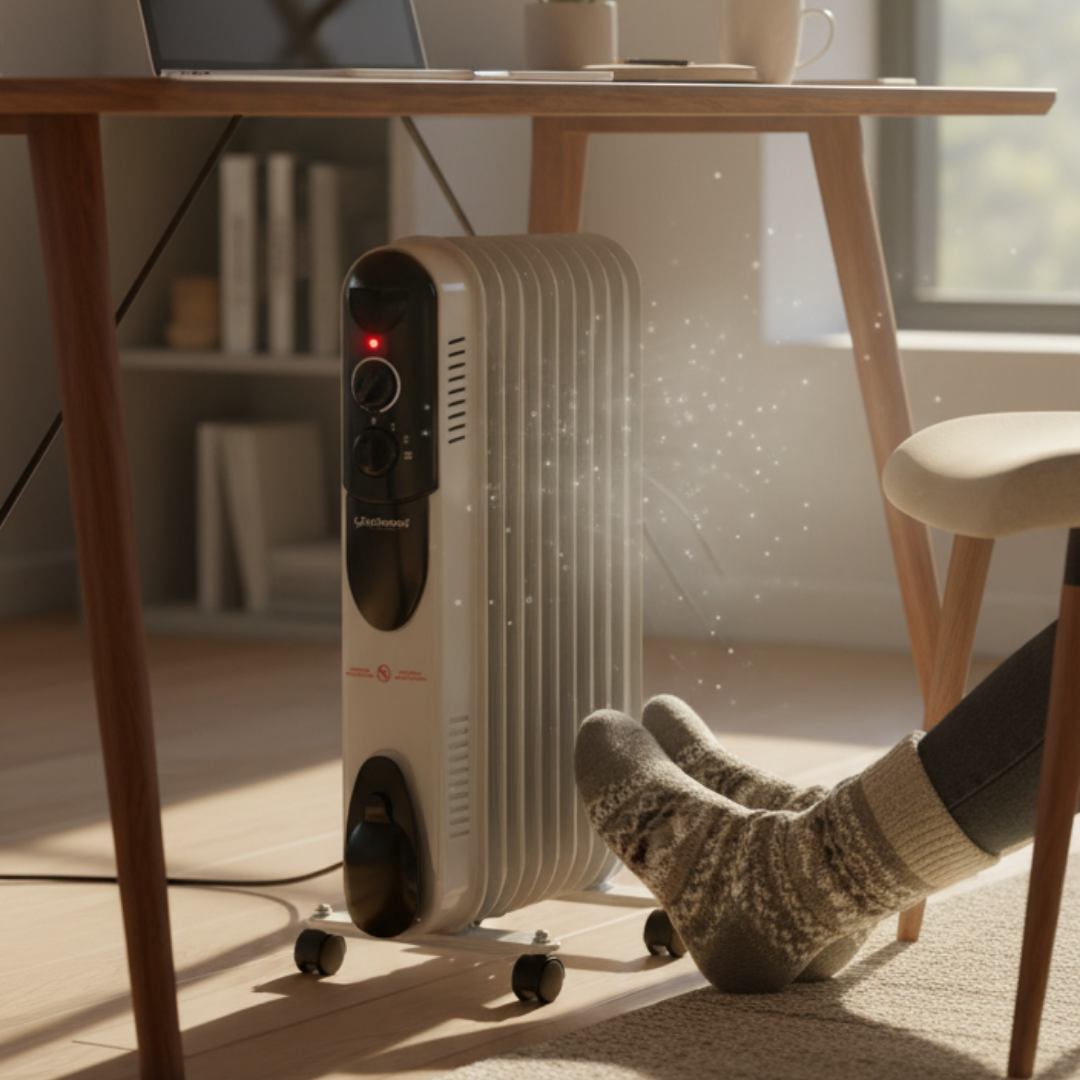 Ein weißer Oelradiator waermt Fuesse in warmen Socken unter einem Holztisch.