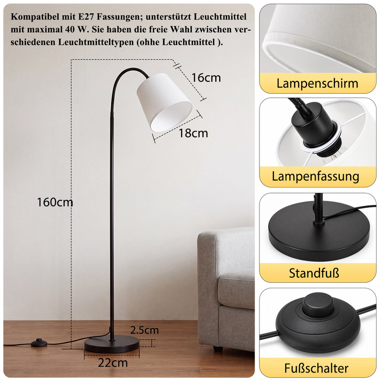 Diagramm einer schwarzen Stehlampe mit Maßen, Lampenschirm, E27-Fassung, Standfuß und Fußschalter.