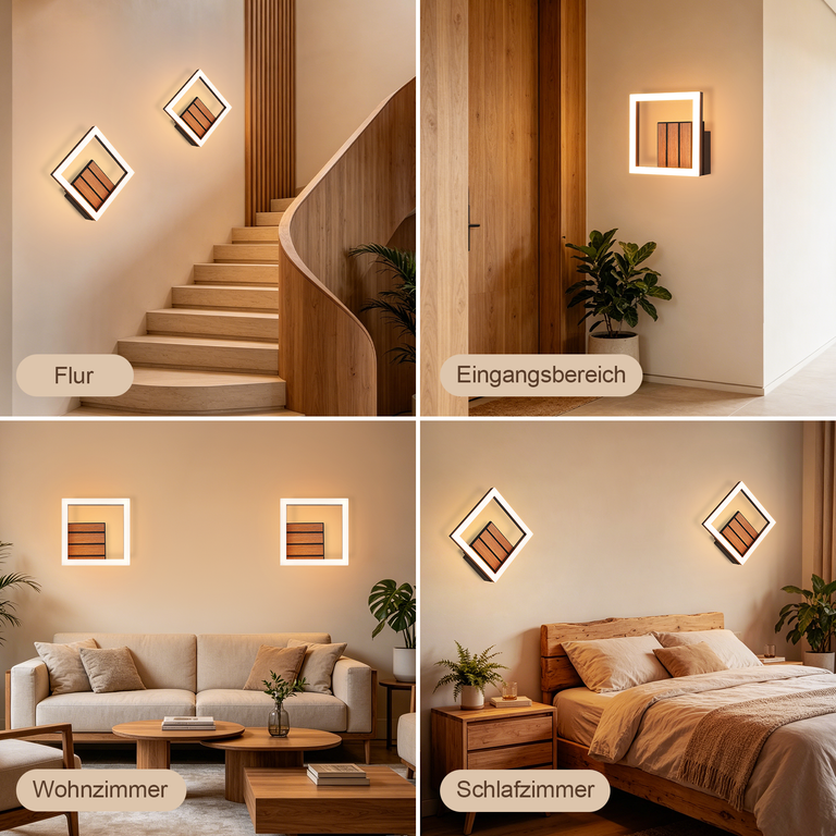 Moderne LED-Wandleuchten aus Holz und Metall in verschiedenen Wohnräumen montiert.