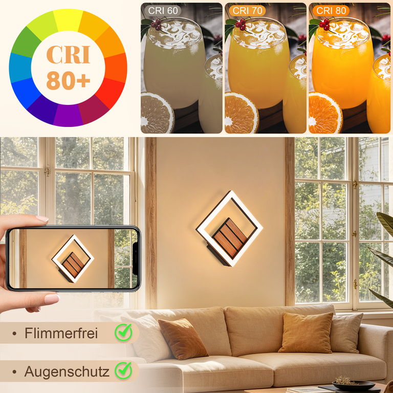 Farbwiedergabevergleich und eine moderne Wandlampe in einem hellen Wohnzimmer.