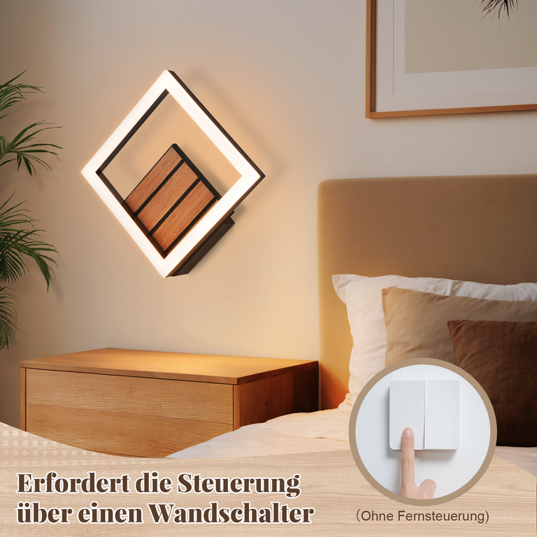 Eine moderne, quadratische LED-Wandleuchte mit Holzelementen hängt über einem Nachttisch.