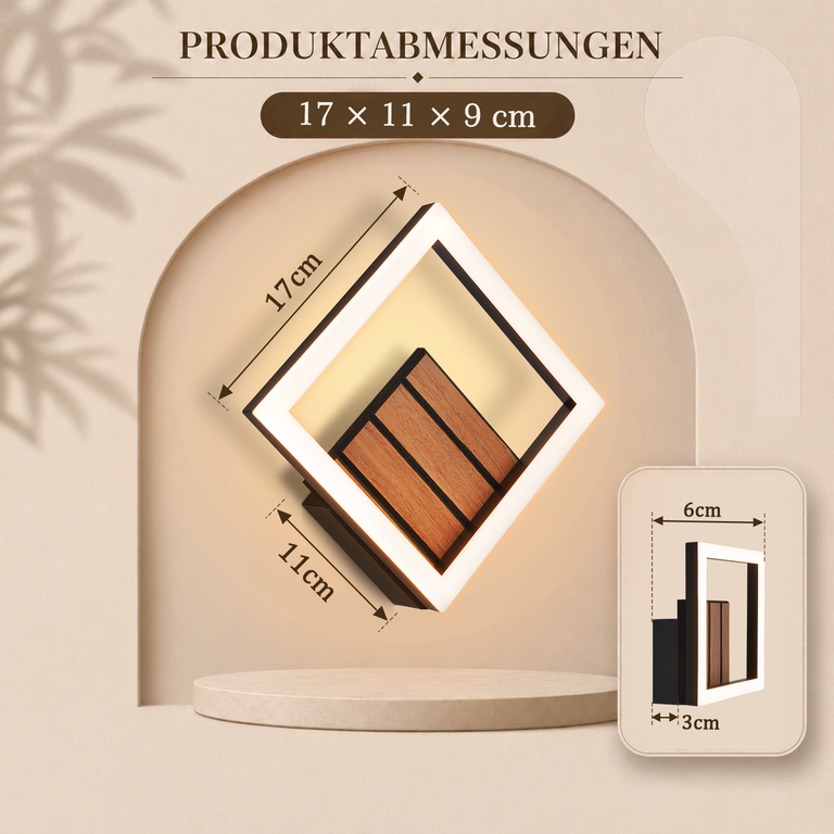 Produktabmessungen 17x11x9cm einer modernen LED-Wandleuchte mit Holzdetails vor einem beigen Hintergrund.