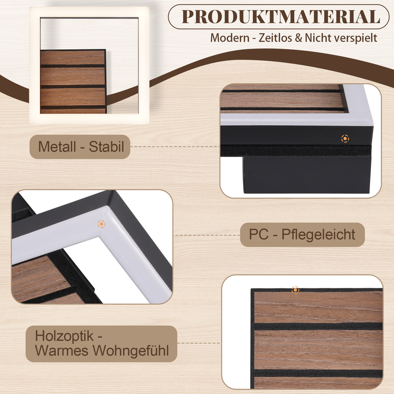 Produktmaterial: quadratische Leuchte mit Holzoptik, Metall und PC-Elementen auf braunem Hintergrund.