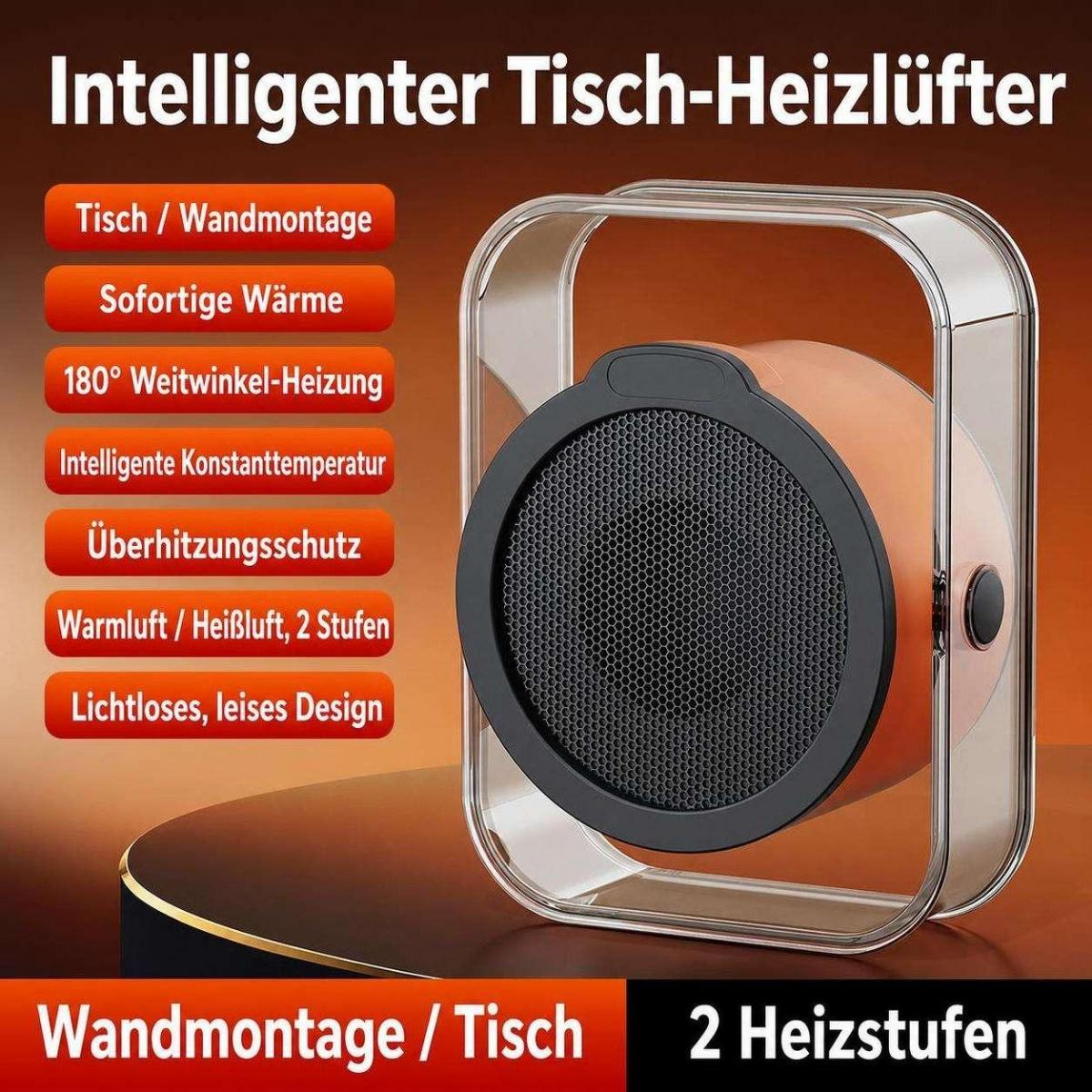 Intelligenter Tisch-Heizlüfter in Orange mit durchsichtigem Rahmen und deutschen Produktmerkmalen auf rotem Grund.