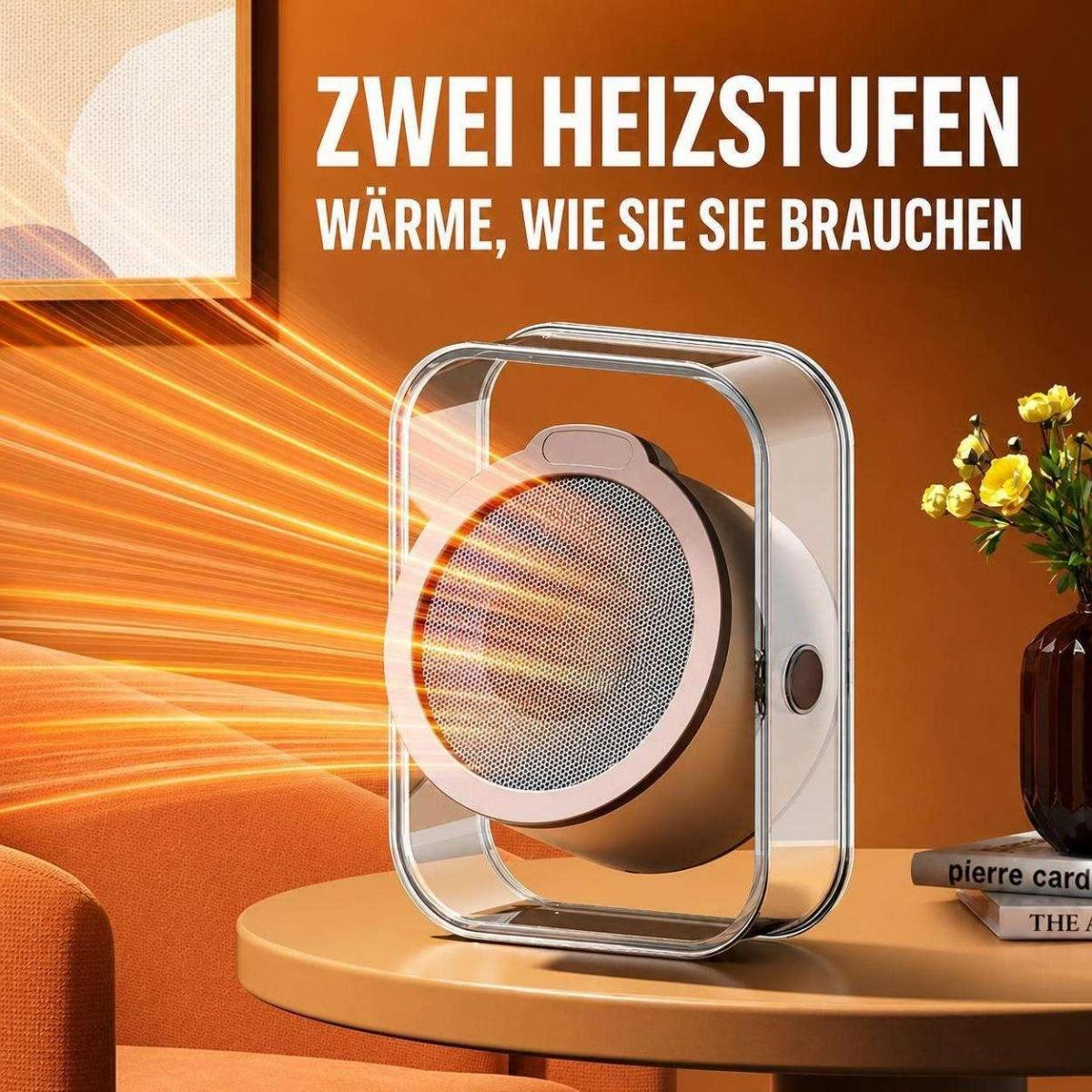 Moderner kompakter Heizlüfter mit transparentem Griff und warmen Lichtstrahlen auf einem Holztisch.