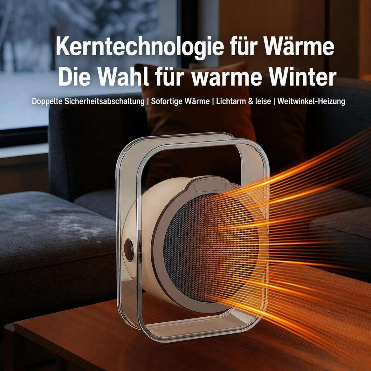 Moderner, kompakter Heizlüfter auf einem Holztisch in einem gemütlichen Wohnzimmer mit Text.