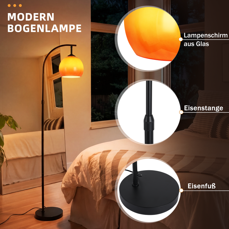 Eine moderne Bogenlampe mit orangefarbenem Glasschirm, schwarzer Eisenstange und rundem Fuß in einem Schlafzimmer.