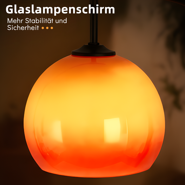 Glühender, runder Glaslampenschirm in Orange und Gelb mit Textüberlagerung vor dunklem Hintergrund.