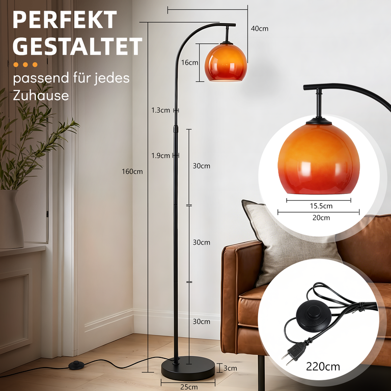 Stehlampe mit Maßen: 160 cm Höhe, orangefarbener Schirm, schwarzer Fuß und 220 cm Kabel.