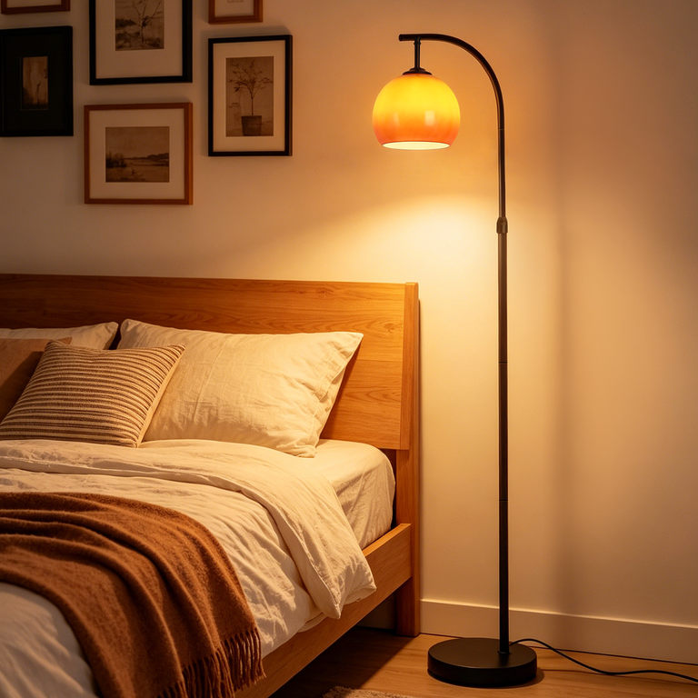 Eine Stehlampe mit gelbem Lampenschirm steht neben einem Holzbett mit gerahmten Bildern an der Wand.