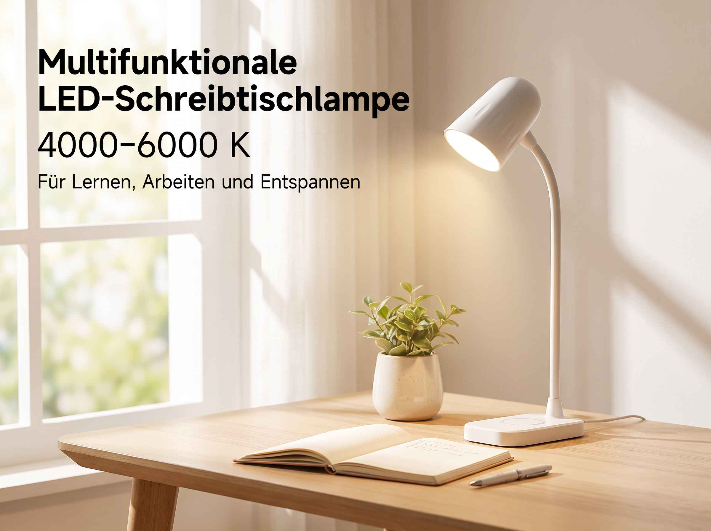 Eine weiße LED-Schreibtischlampe leuchtet auf einem Holztisch mit einem Buch und einer Topfpflanze.