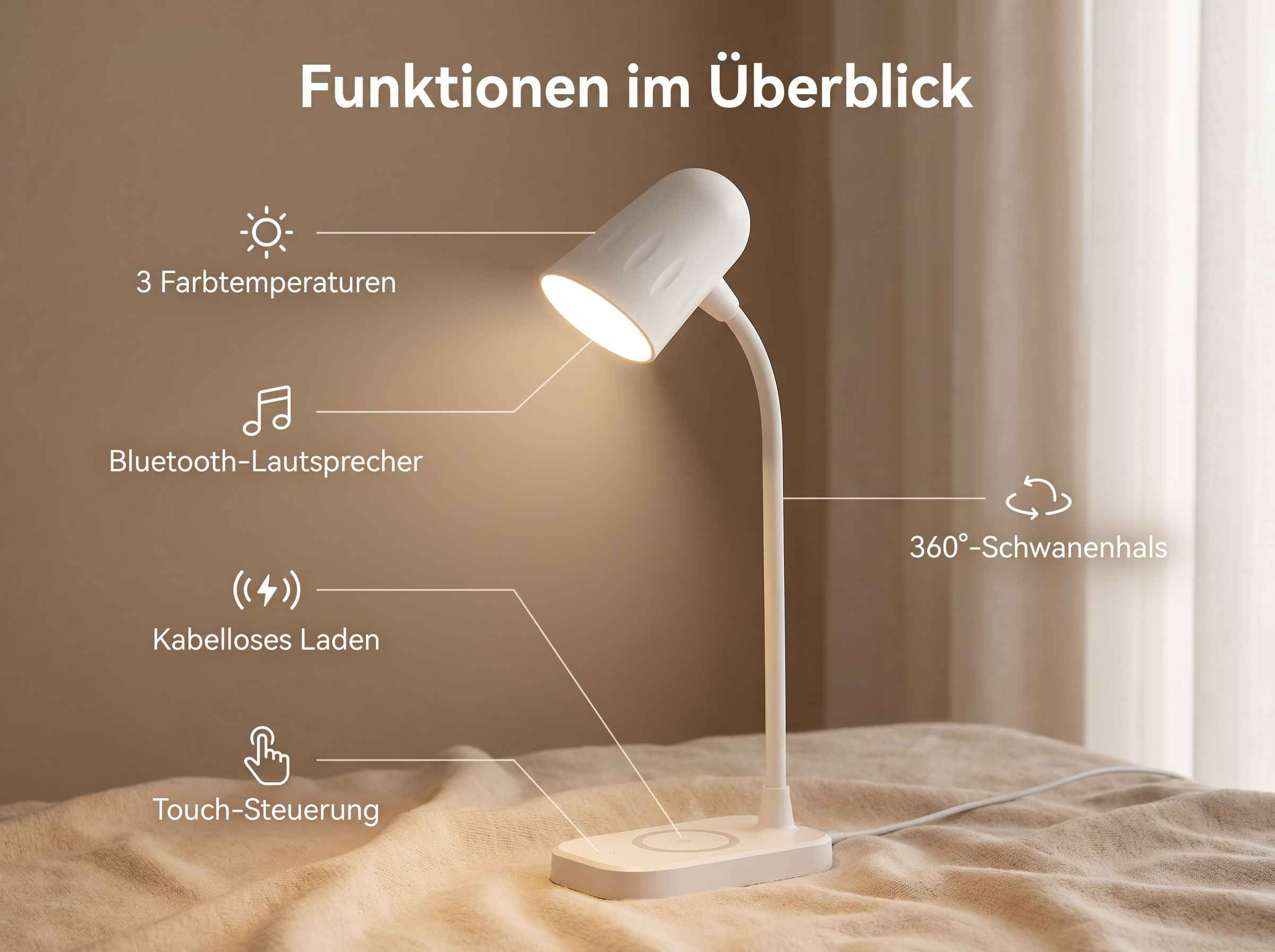 Eine weiße Tischlampe mit Schwanenhals zeigt Funktionen wie Farbtemperaturen, Lautsprecher und kabelloses Laden.