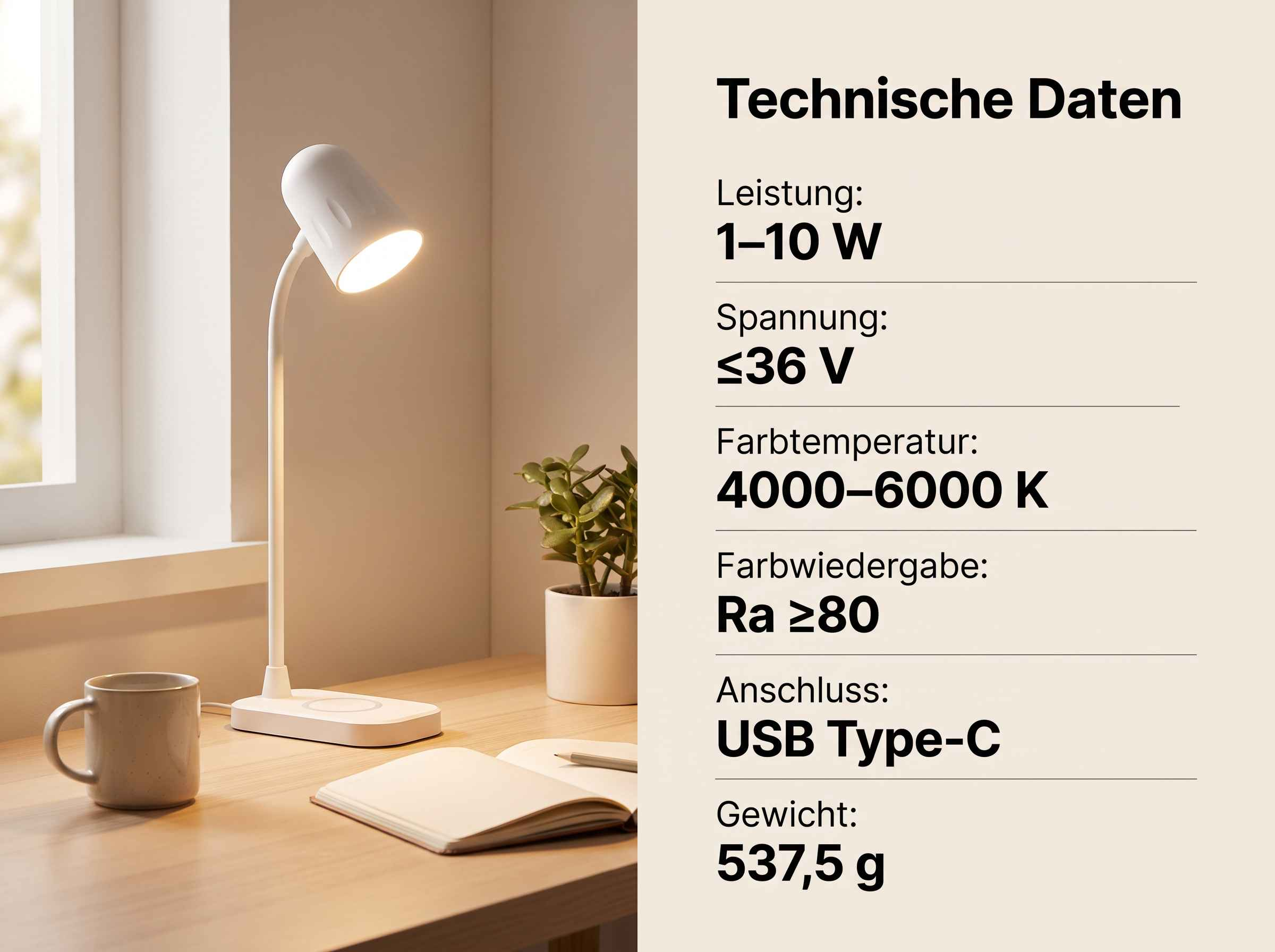 Technische Daten einer weißen Schreibtischlampe mit technischer Spezifikation.