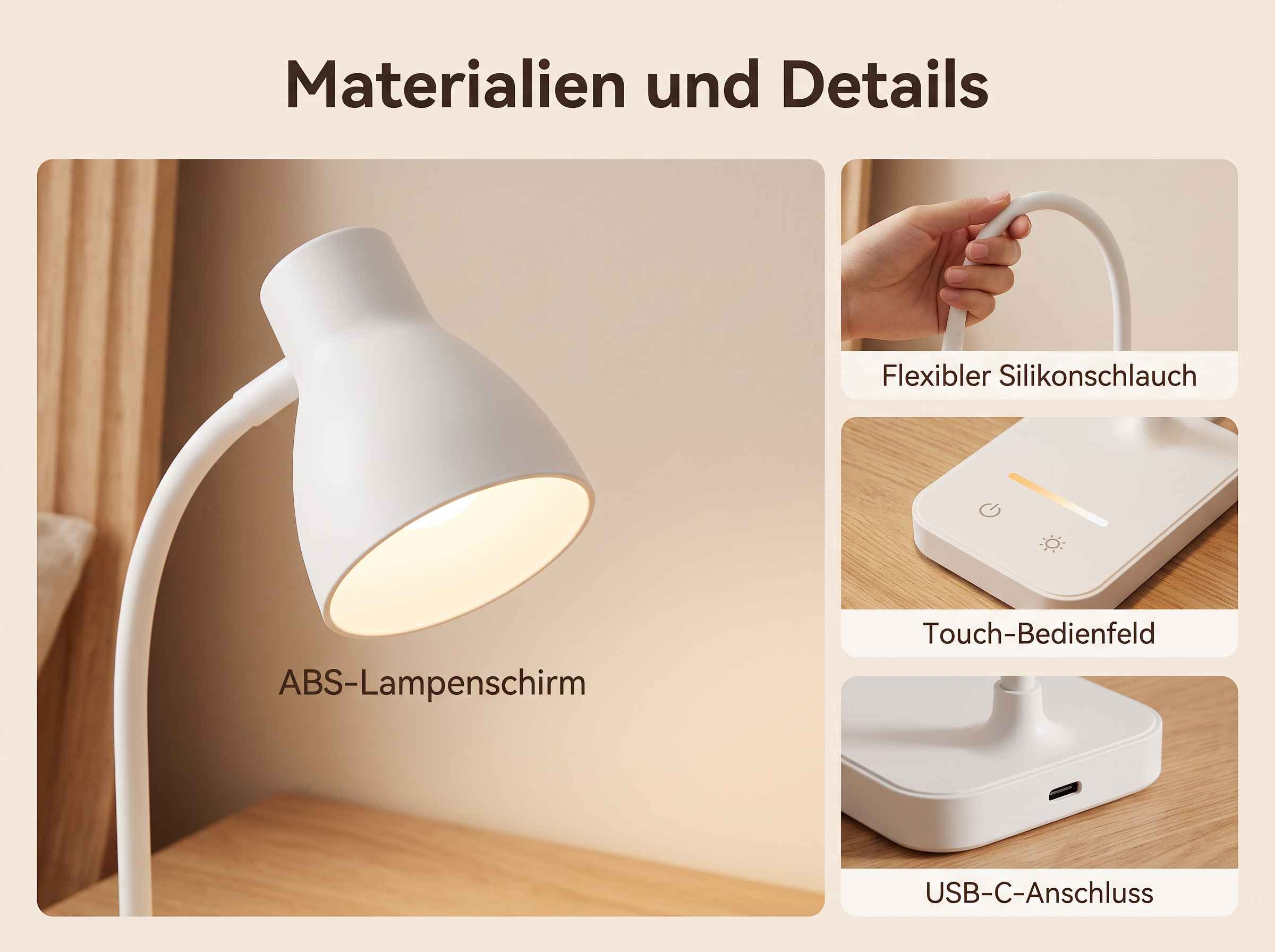 Infografik zeigt Materialien und Details einer weißen Lampe mit flexiblem Arm, Touch-Bedienfeld und USB-C-Anschluss.
