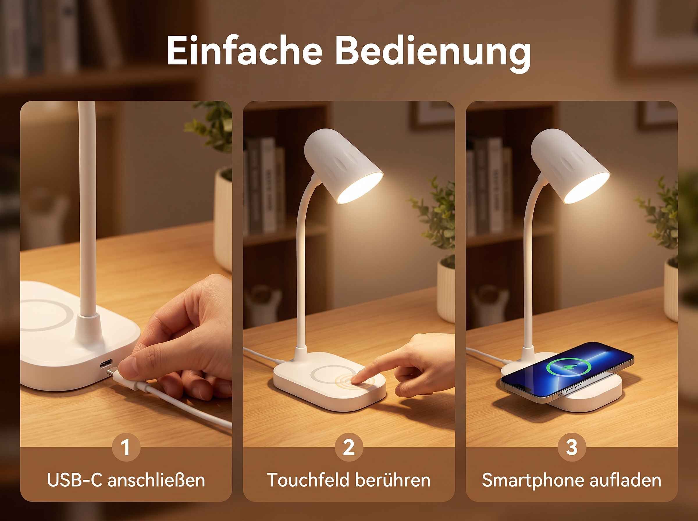 Drei Schritte zur Nutzung: USB-C anschließen, Touchfeld berühren und Smartphone aufladen.