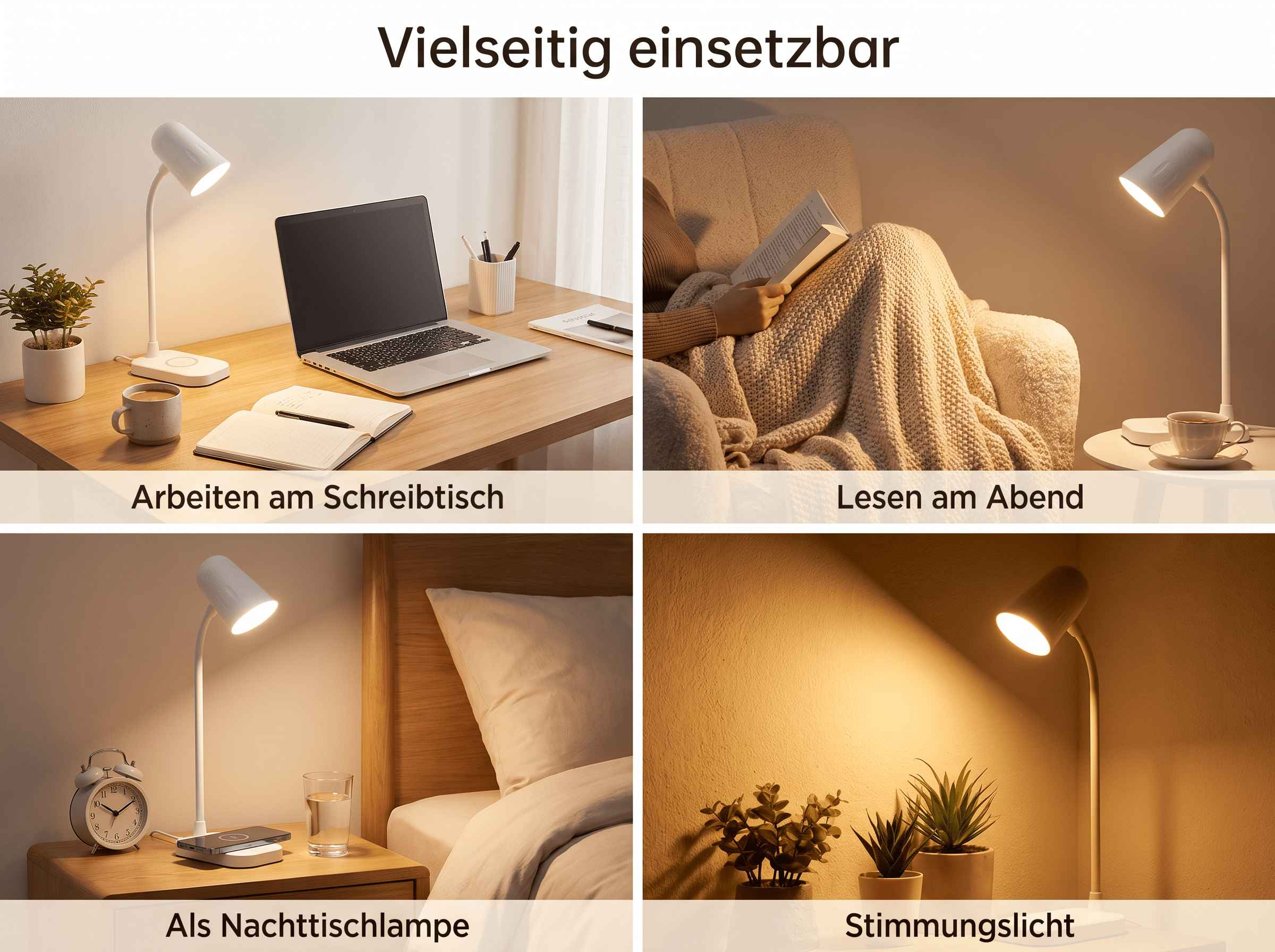 Vierteiliges Bild mit einer weißen Schreibtischlampe zum Arbeiten, Lesen, als Nachttisch- und Stimmungslicht.