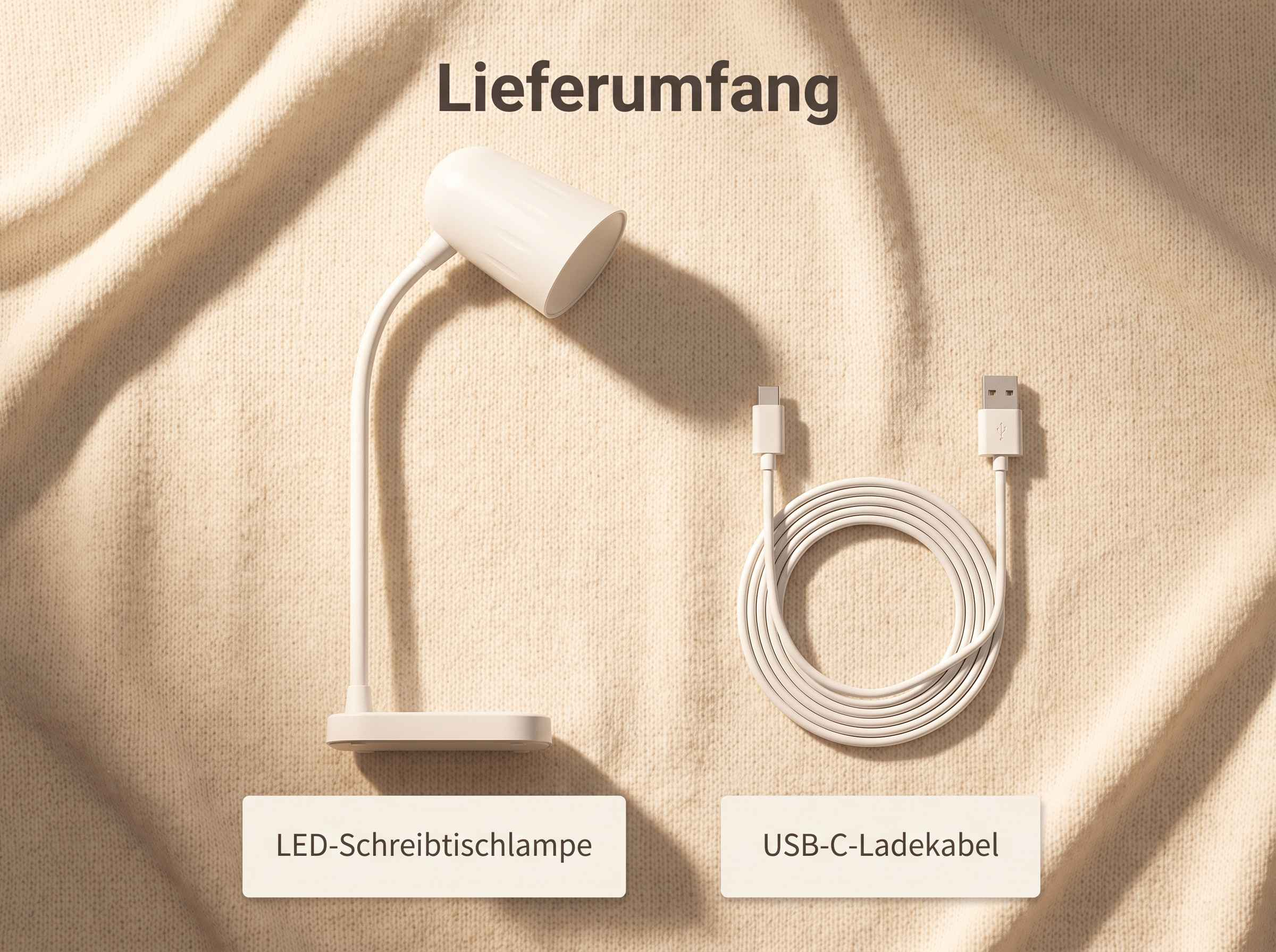 Lieferumfang: Eine weiße LED-Schreibtischlampe und ein USB-C-Ladekabel auf einem strukturierten, hellen Untergrund.