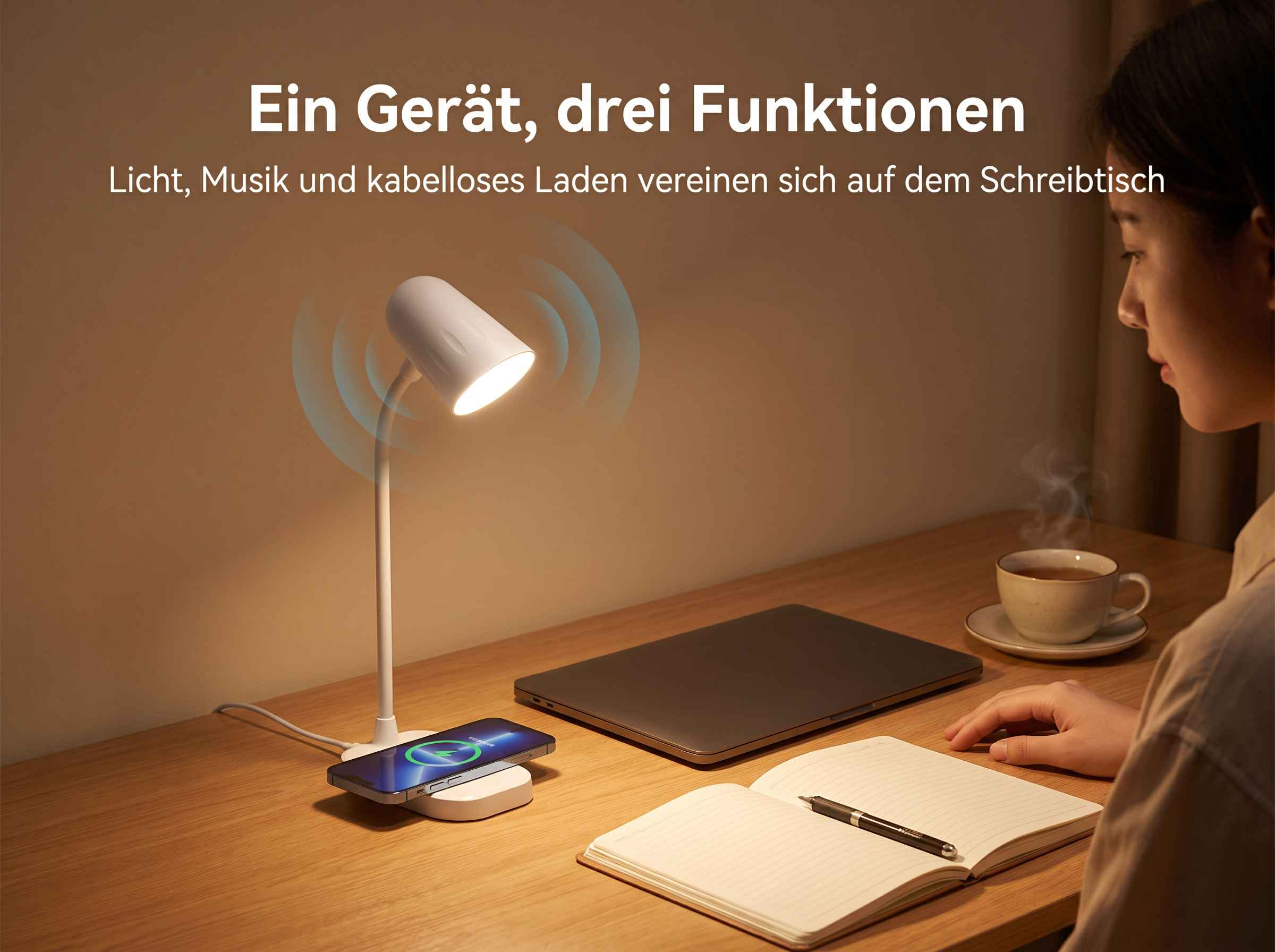 Eine Frau am Schreibtisch mit einer weißen Smart-Lampe, die ein Handy lädt, Laptop, Notizbuch und Tee.