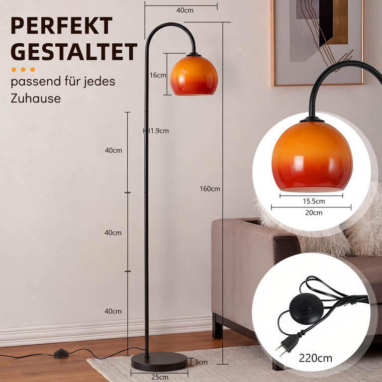 Schwarze Stehlampe mit orange-rotem Kugelschirm, Text und Maßeinheiten im Bild.