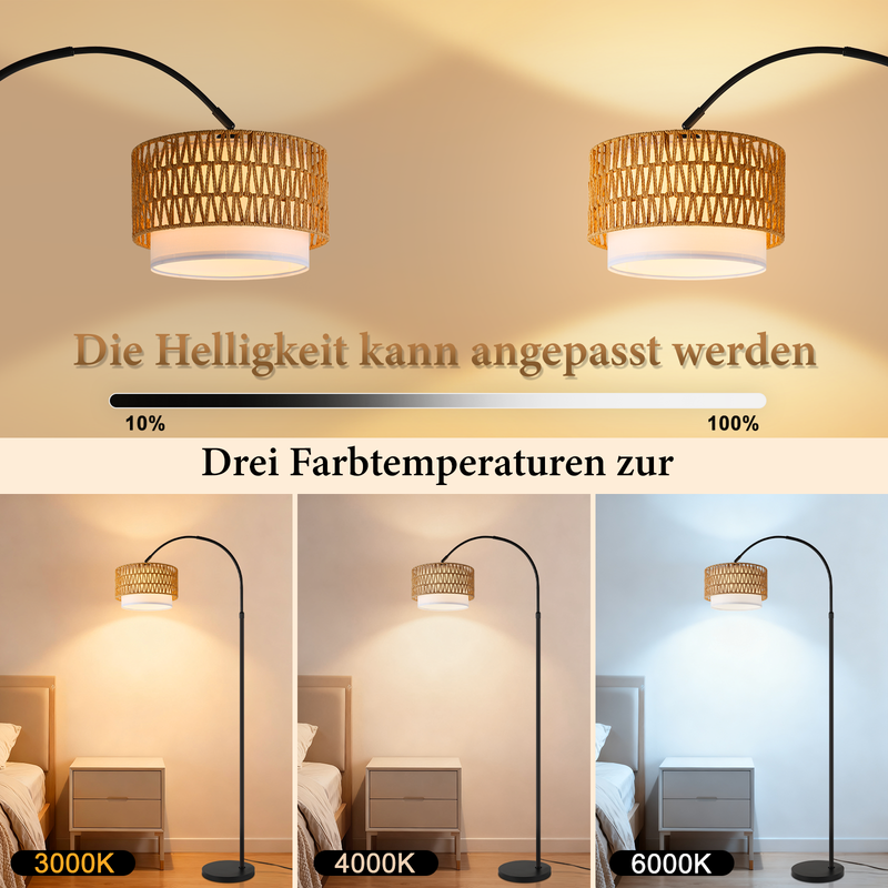 Bogenlampe mit verstellbarer Helligkeit und drei Farbtemperaturen.