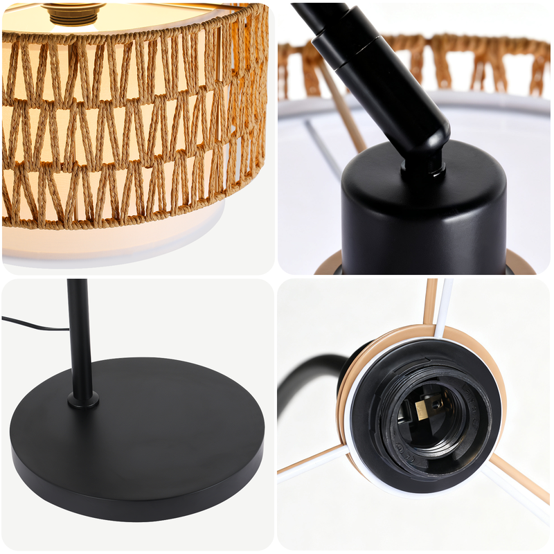 Vier Nahaufnahmen einer Lampe mit gewebtem Schirm, schwarzen Metallgelenken, rundem Fuß und Fassung.