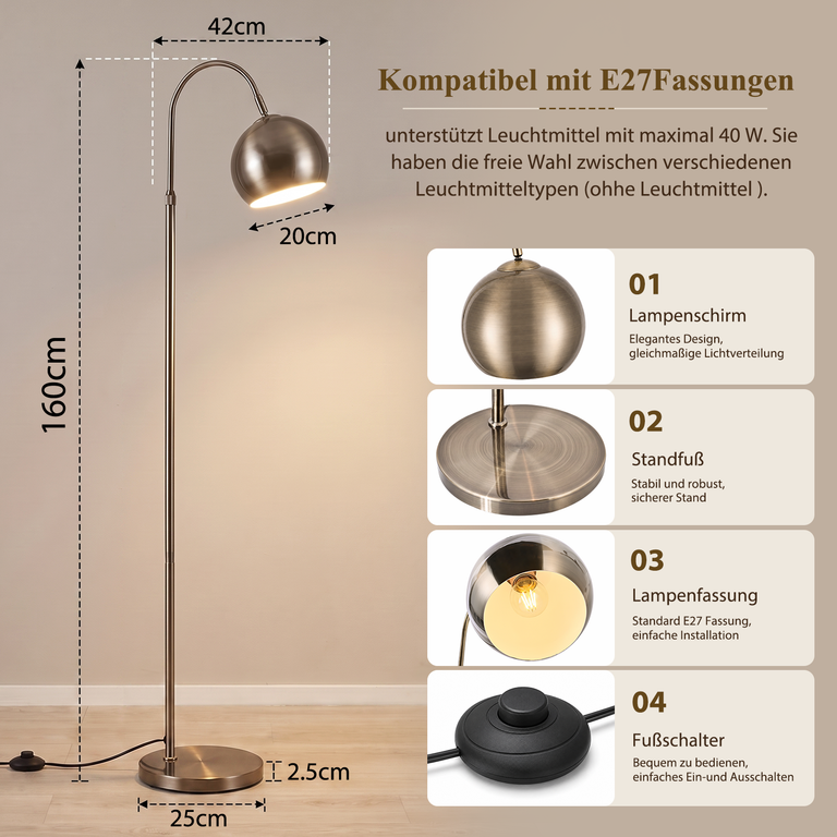 Technische Zeichnung und Details einer goldenen Bogenstehlampe mit E27-Fassung, Maßen und Fußschalter.