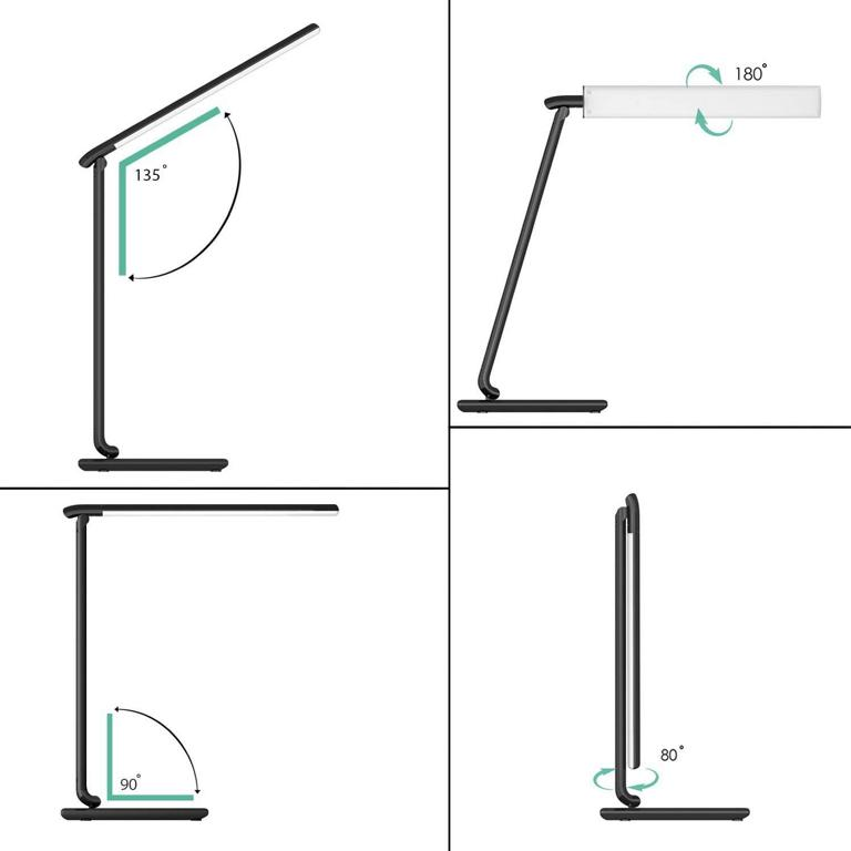 Vier Diagramme zeigen die Verstellwinkel einer schwarzen LED-Schreibtischlampe.