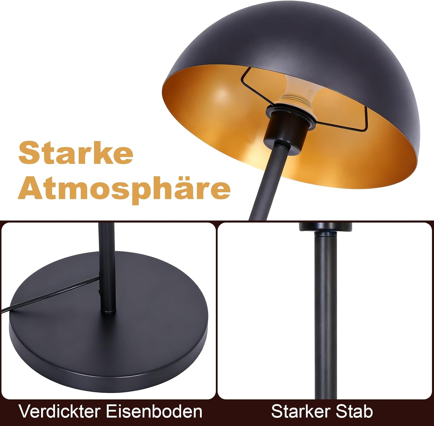 Schwarze Tischlampe mit goldenem Innenschirm, schwerem Eisenfuß und stabilem Stab.