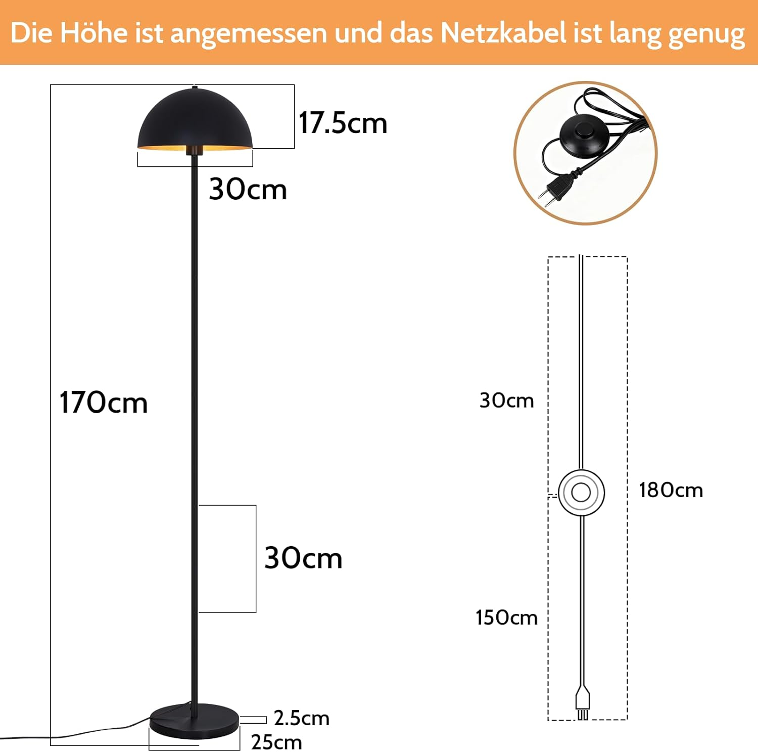 Diagramm einer schwarzen Stehlampe mit Maßen für Höhe, Durchmesser und Kabellänge.
