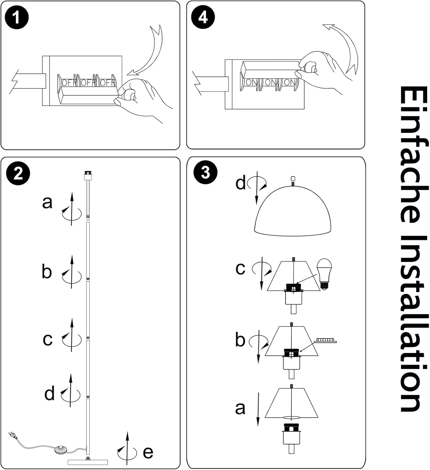 Diagramm zur einfachen Installation einer Stehlampe mit vier Schritten und Beschriftung.