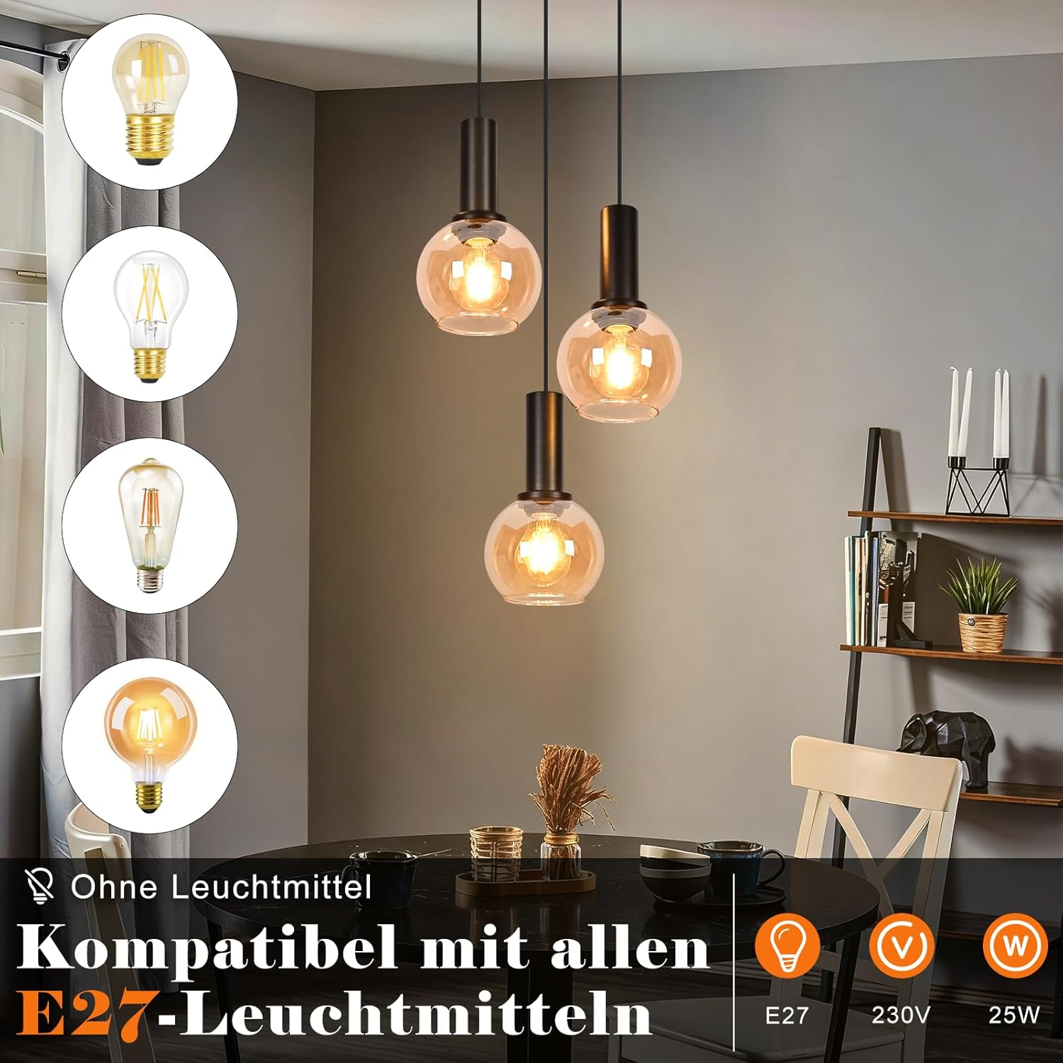 Drei moderne Hgaelampen hängen über einem gedeckten Tisch, links vier Beispielglühbirnen.