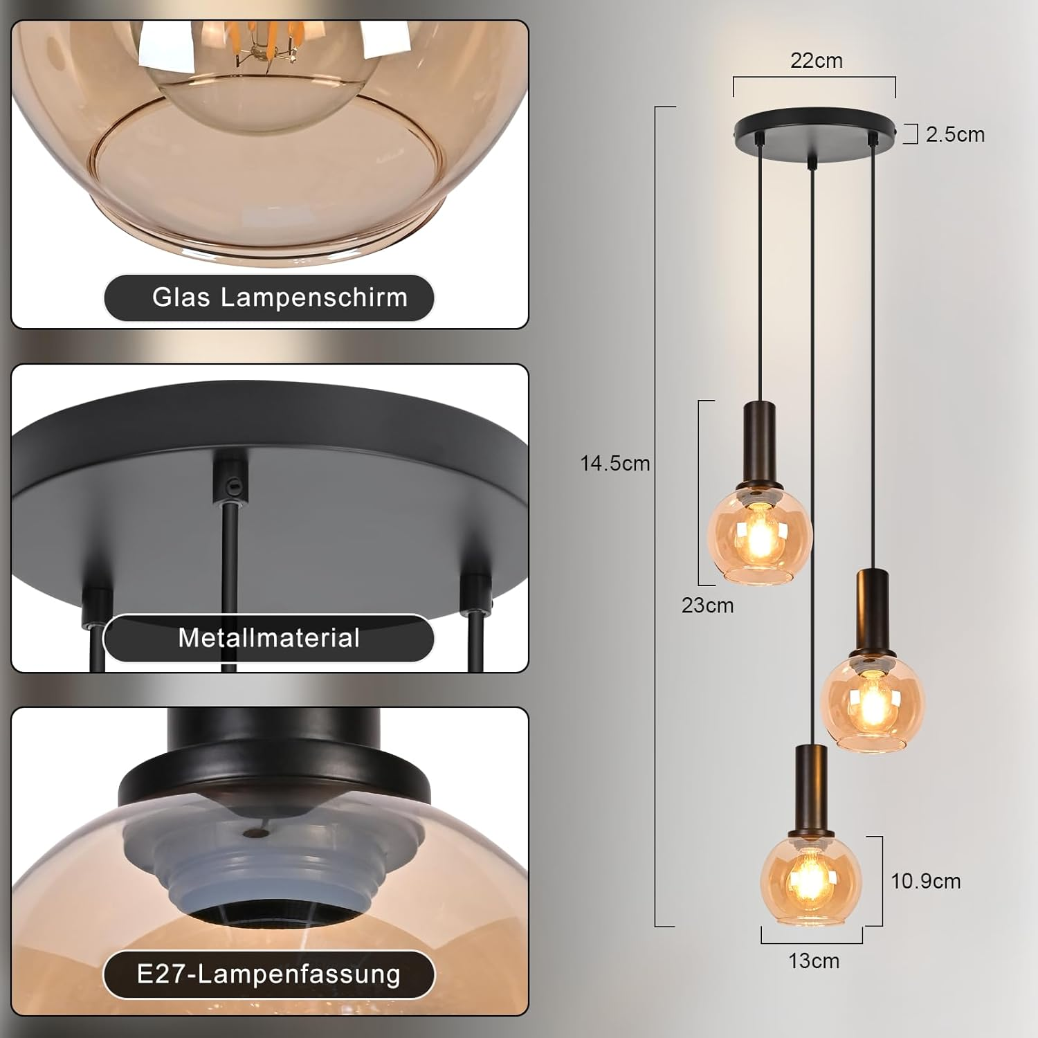 Eine dreiflammige Pendelleuchte mit bernsteinfarbenen Glasschirmen und schwarzen Metalldetails, mit Maßangaben.