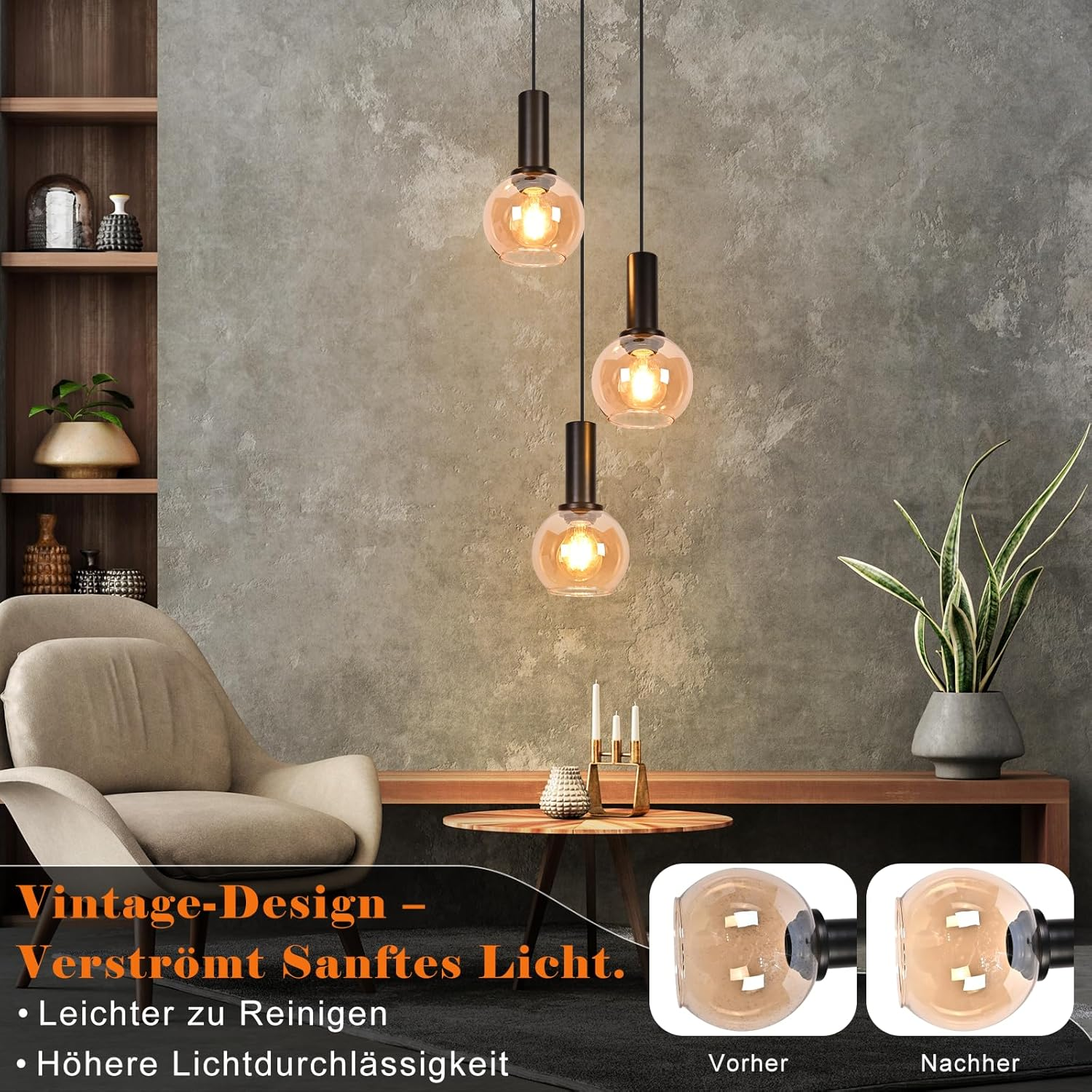 Drei hängende Lampen mit runden Glaskolben über einem Sessel und Holztisch vor einer grauen Wand.