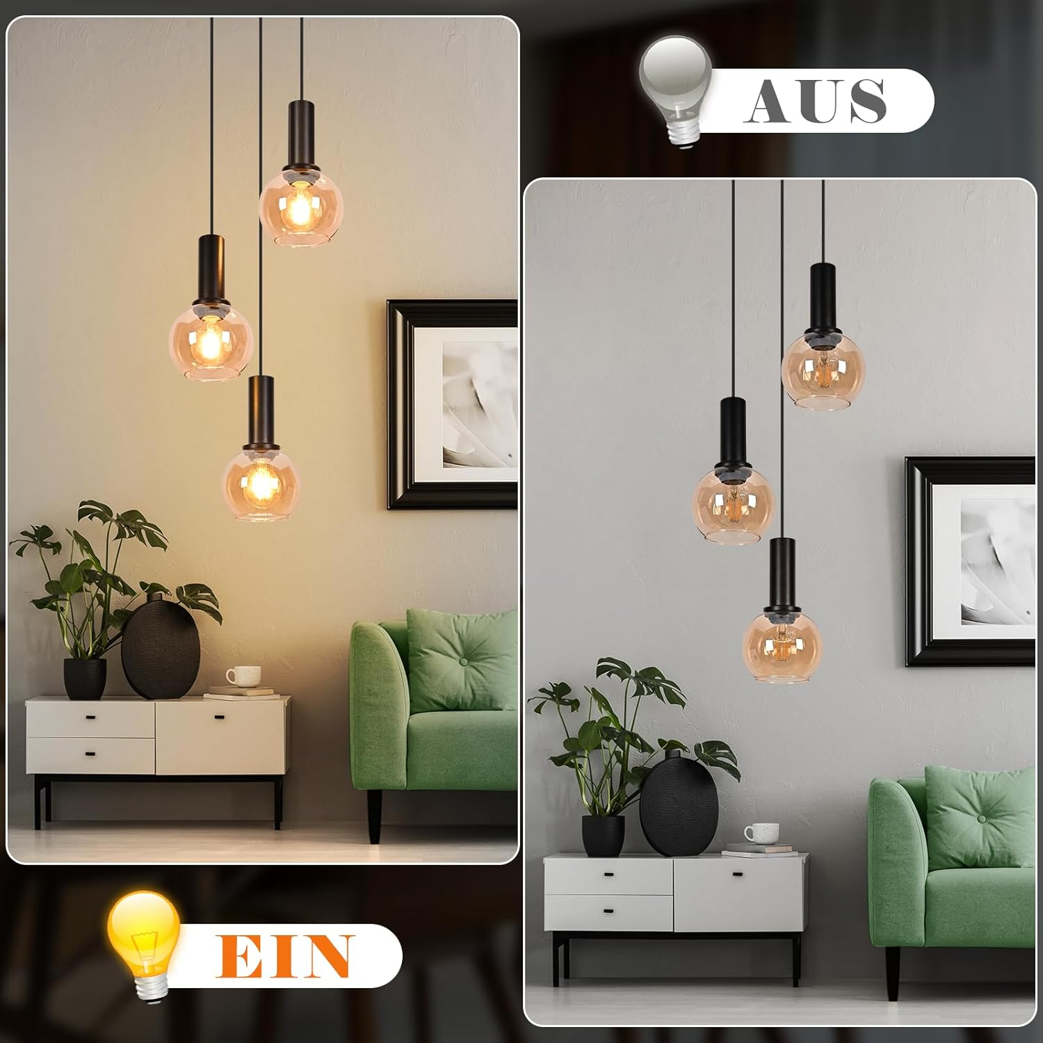 Vergleich zweier Bilder einer hängenden Deckenlampe in einem Wohnzimmer, einmal eingeschaltet und einmal ausgeschaltet.