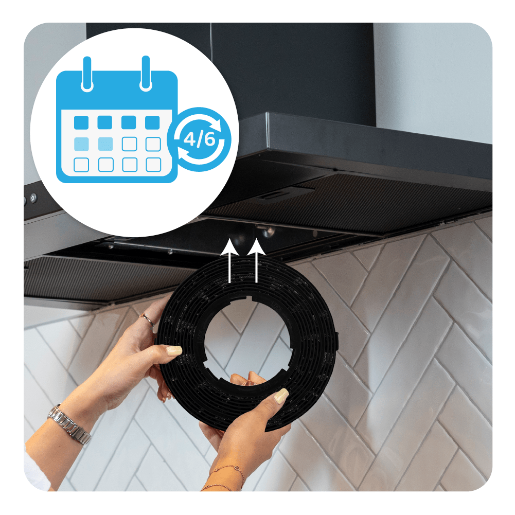 Hände setzen einen schwarzen Kohlefilter in eine Dunstabzugshaube ein, mit einem Kalendersymbol.