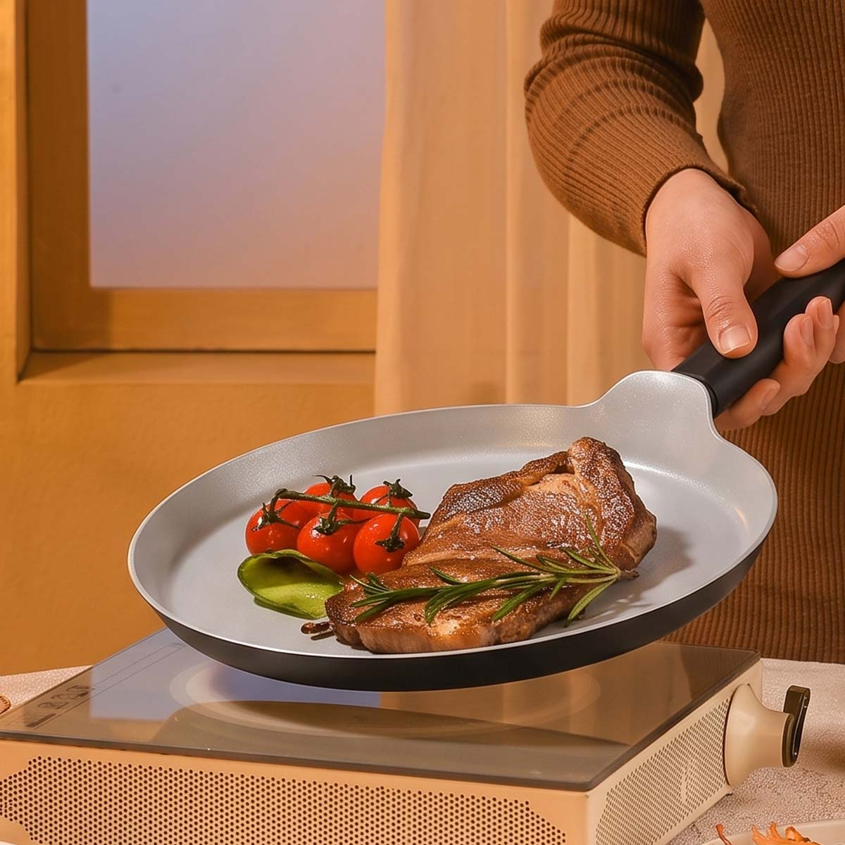 Eine Person hält eine graue Bratpfanne mit gebratenem Steak, Kirschtomaten und Rosmarin über einen tragbaren Herd.
