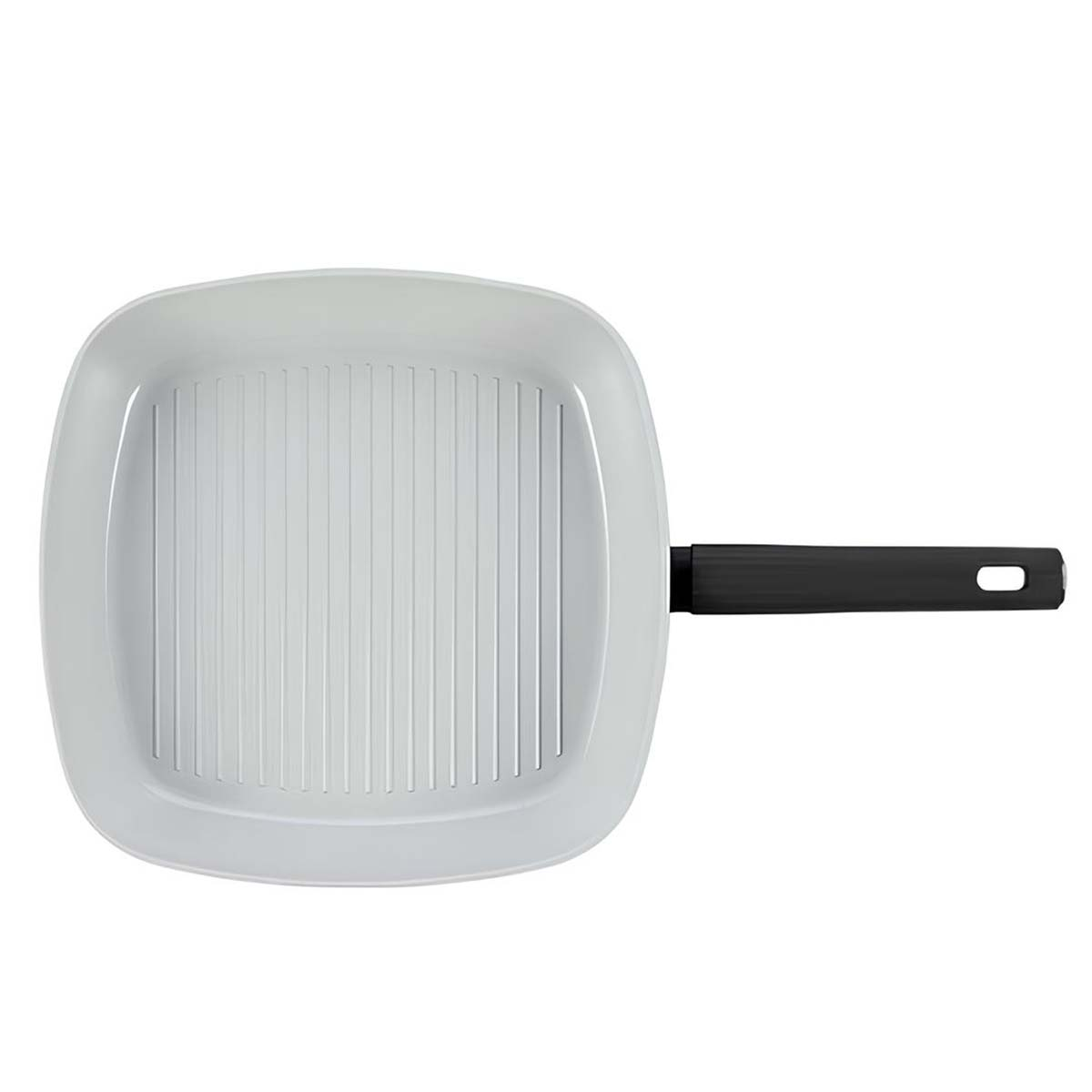 Una sartén grill gris claro cuadrada con crestas verticales en la base interior y un mango negro a la derecha.