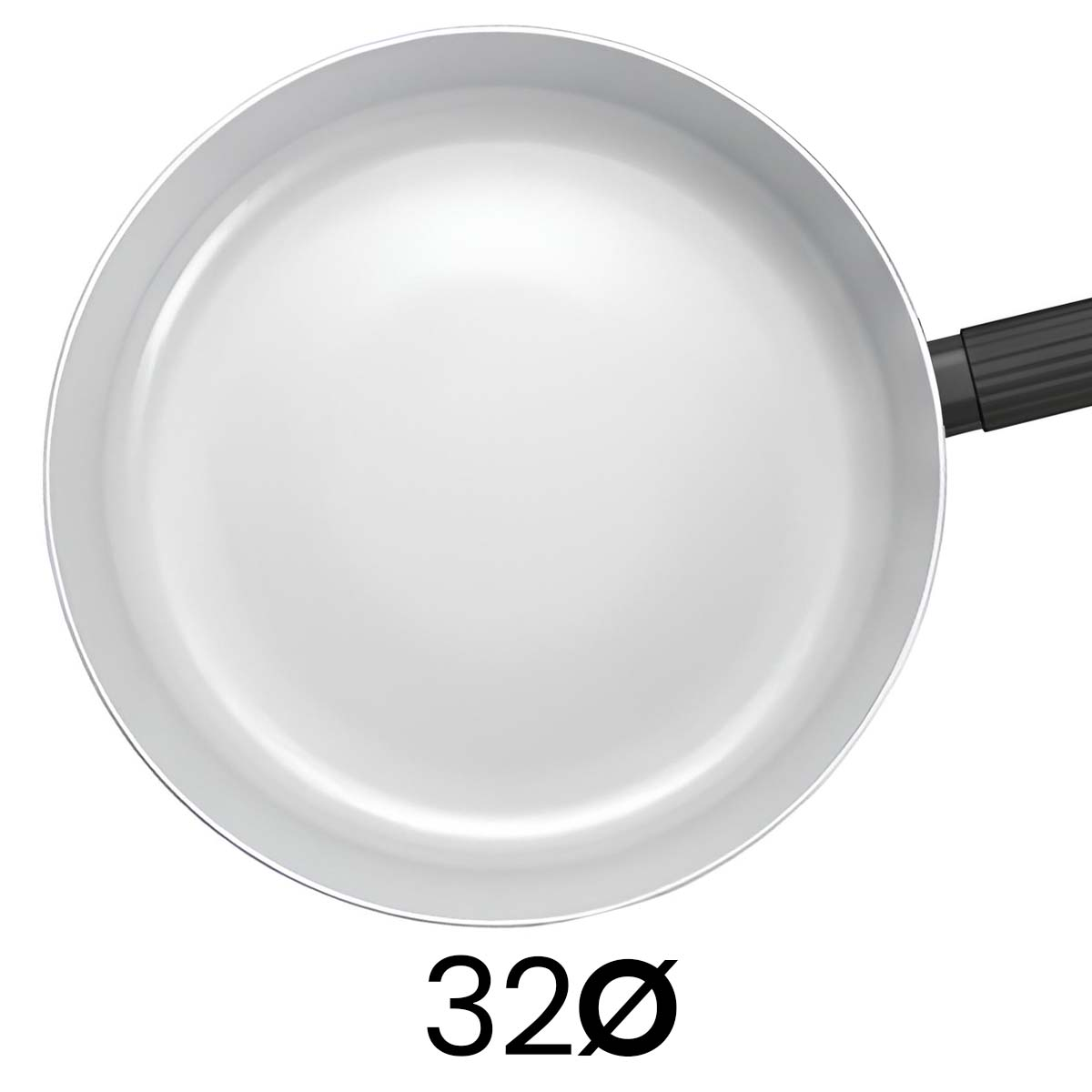 Vista superior de una sartén blanca con mango negro, con el número 320 debajo.